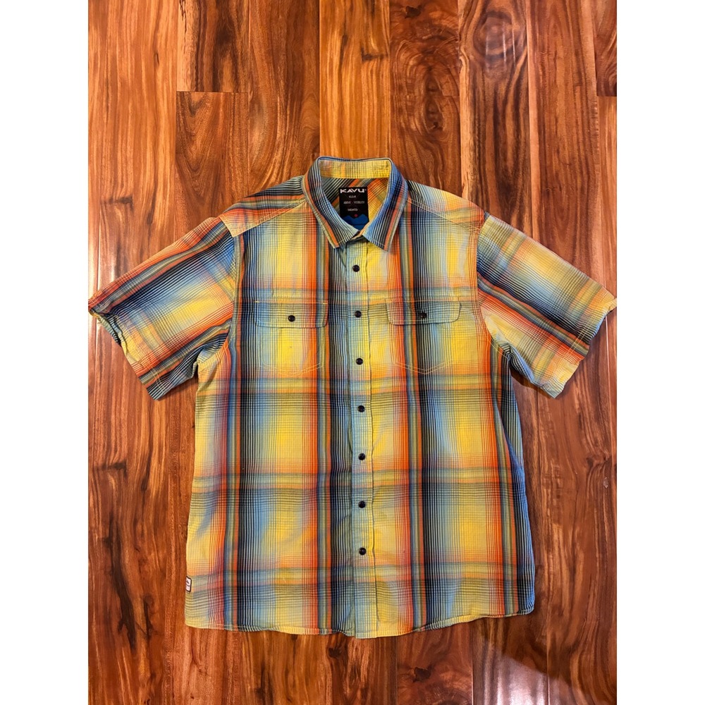 KAVU Mens Short Sleeve Plaid Button Down‎ Shirt Yellow Blue Orange Large